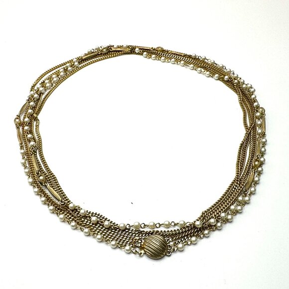 Long 47" Triple-Strand Gold & Pearl Necklace — Vintage 1960s-70s Elegance – EUC - Picture 8 of 8
